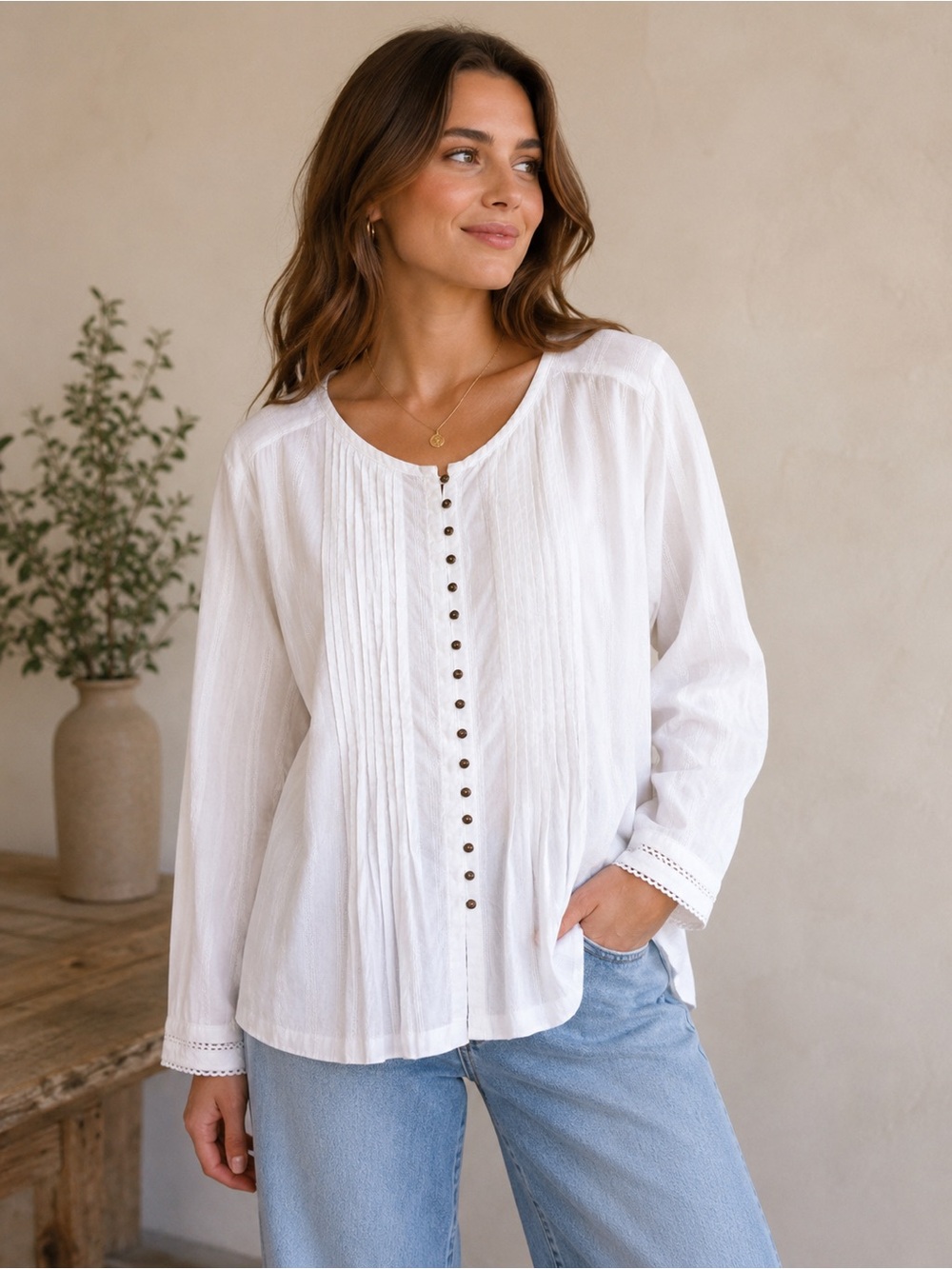Maeve Anthropologie White Cotton Pintuck Button Front Blouse XL Boho